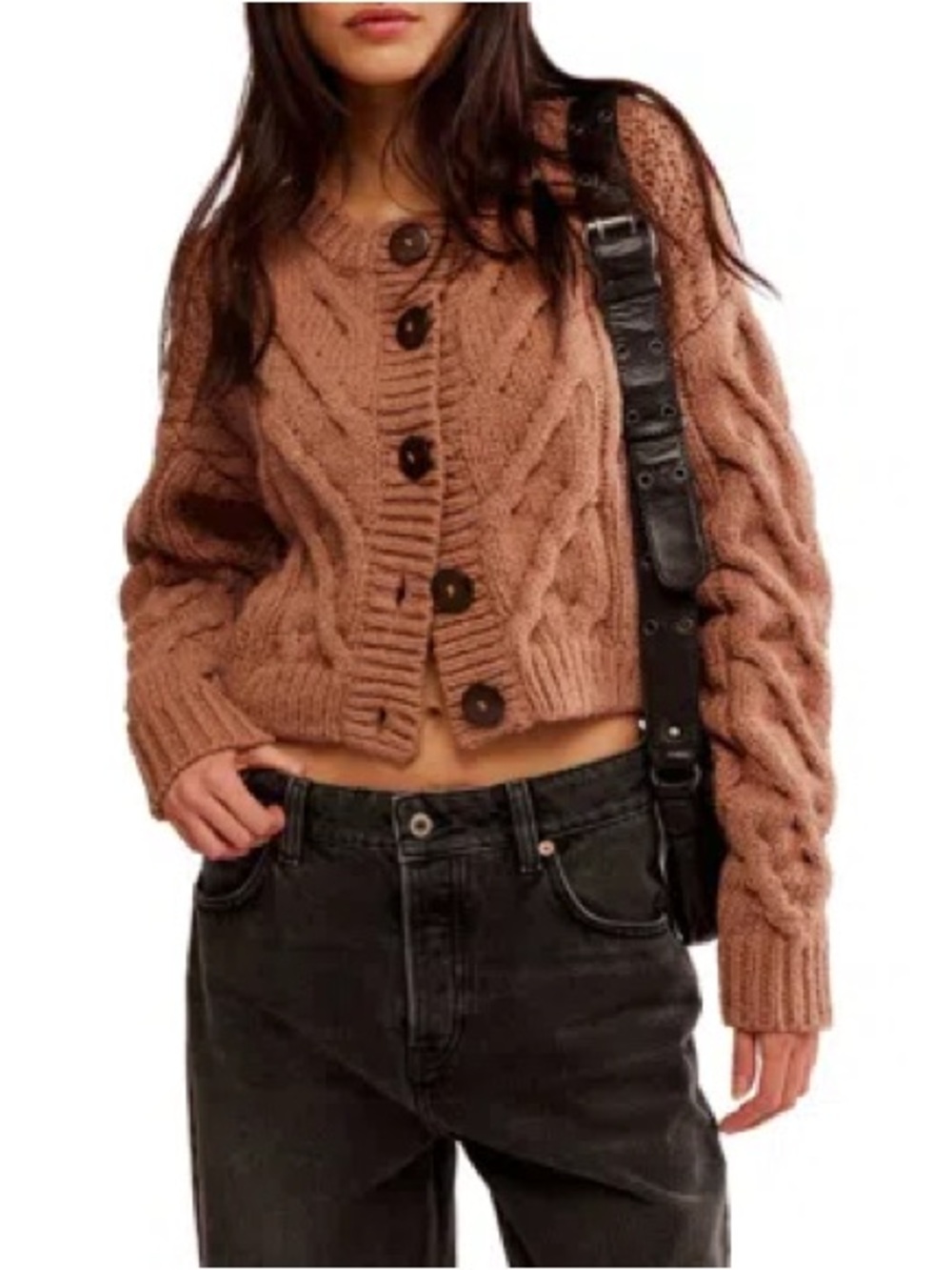 Free People Bonfire Cable Knit Cardigan Beaver Fur Brown Tan Chunky Sweater S - Picture 11 of 11